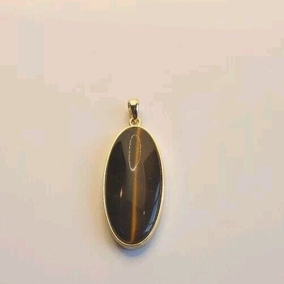 Tiger’s Eye Natural Stone Pendant Handmade Oval Shiny Gold Tone Setting - Picture 12 of 12